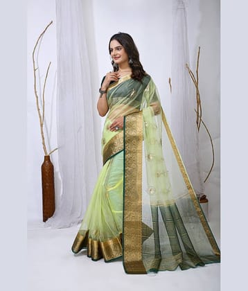 Rangtulika Ethnics Organza Solid Banarasi saree With Unstitched Blouse Piece ( Green )