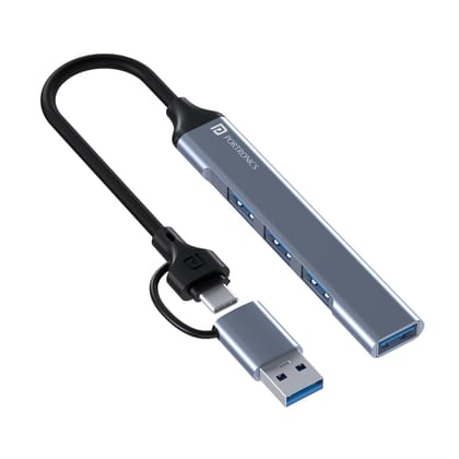 Portronics Mport 31 Pro USB 3.0 Hub (4-in-1) with Type-C and USB Dual Plugs (Grey)