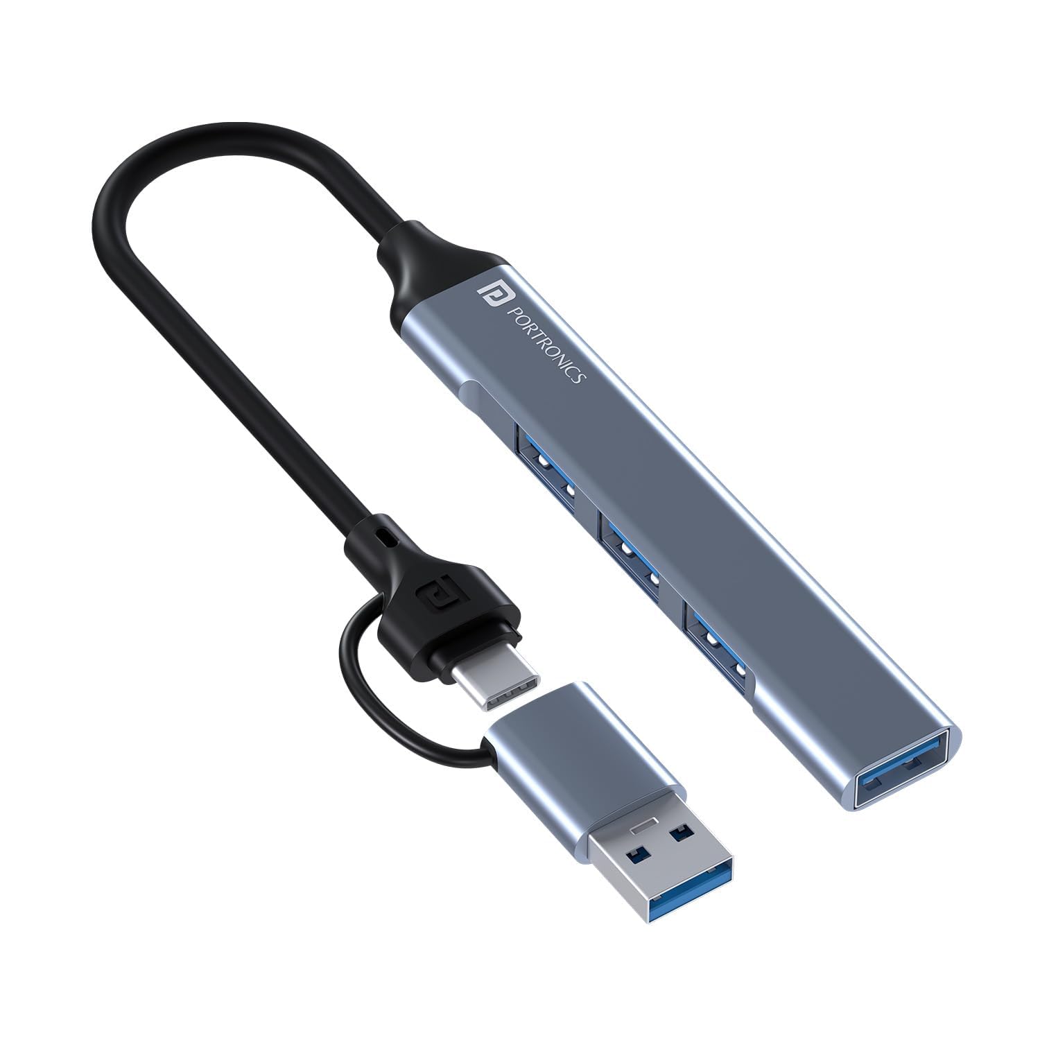 Portronics Mport 31 Pro USB 3.0 Hub (4-in-1) with Type-C and USB Dual Plugs (Grey)