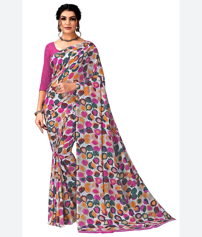 Kanooda Prints Georgette Printed Saree With Unstitched Blouse Piece ( Pink )