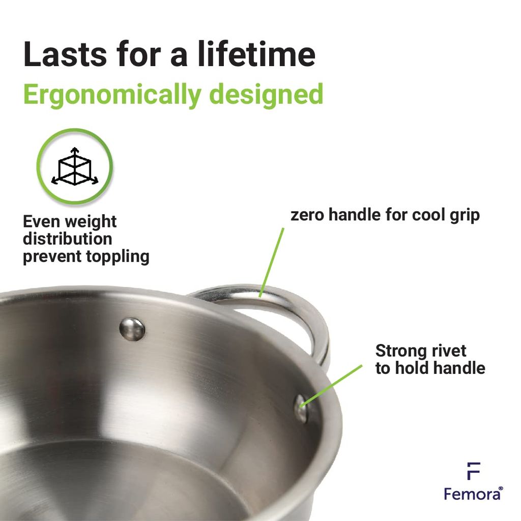 Femora Platinum Bottom Triply Stainless Steel Kadhai - 26 cm (Induction & Gas Friendly), Silver, 26cm