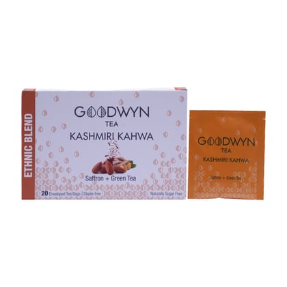Goodwyn Kashmiri Kahwa Detox Green Tea (20 Tea Bags) | Authentic Herbal Tea Qawah with Saffron, Almonds & Spices | 100% Natural | Plastic Free Tea Bags | Low Caffeine Non Bitter | Rich in Antioxidants