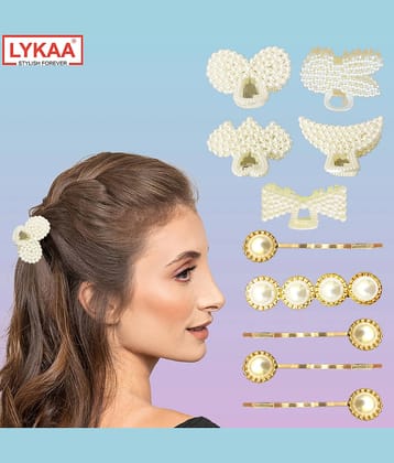 Lykaa Stylish Fancy Pearl Hair Clips, Rhinestone Crystal Golden Hair Pins (Pack of 10) Multicolor