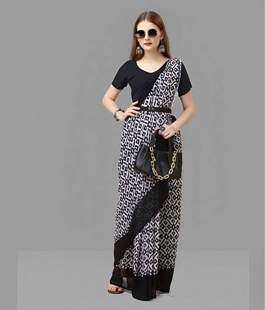 Bhuwal Fashion Georgette Printed Saree With Unstitched Blouse Piece ( White )