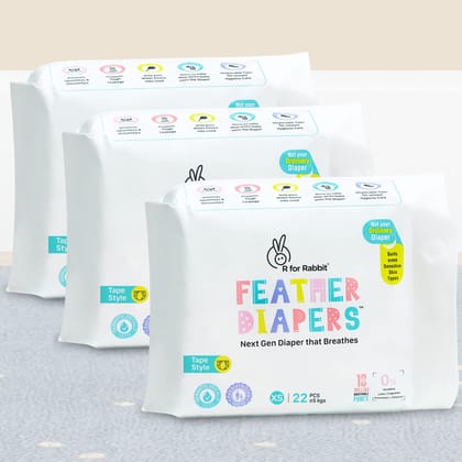 R for Rabbit XS New born Premium Feather Diaper nb Taped Style for Baby 0 to 5 kgs, 66 Count (22 Count, Pack Of 3) R for Rabbit XS New born Premium Feather Diaper nb Taped Style for Baby 0 to 5 kgs, 66 Count (22 Count, Pack Of 3) - White / XS Size-66 Pac
