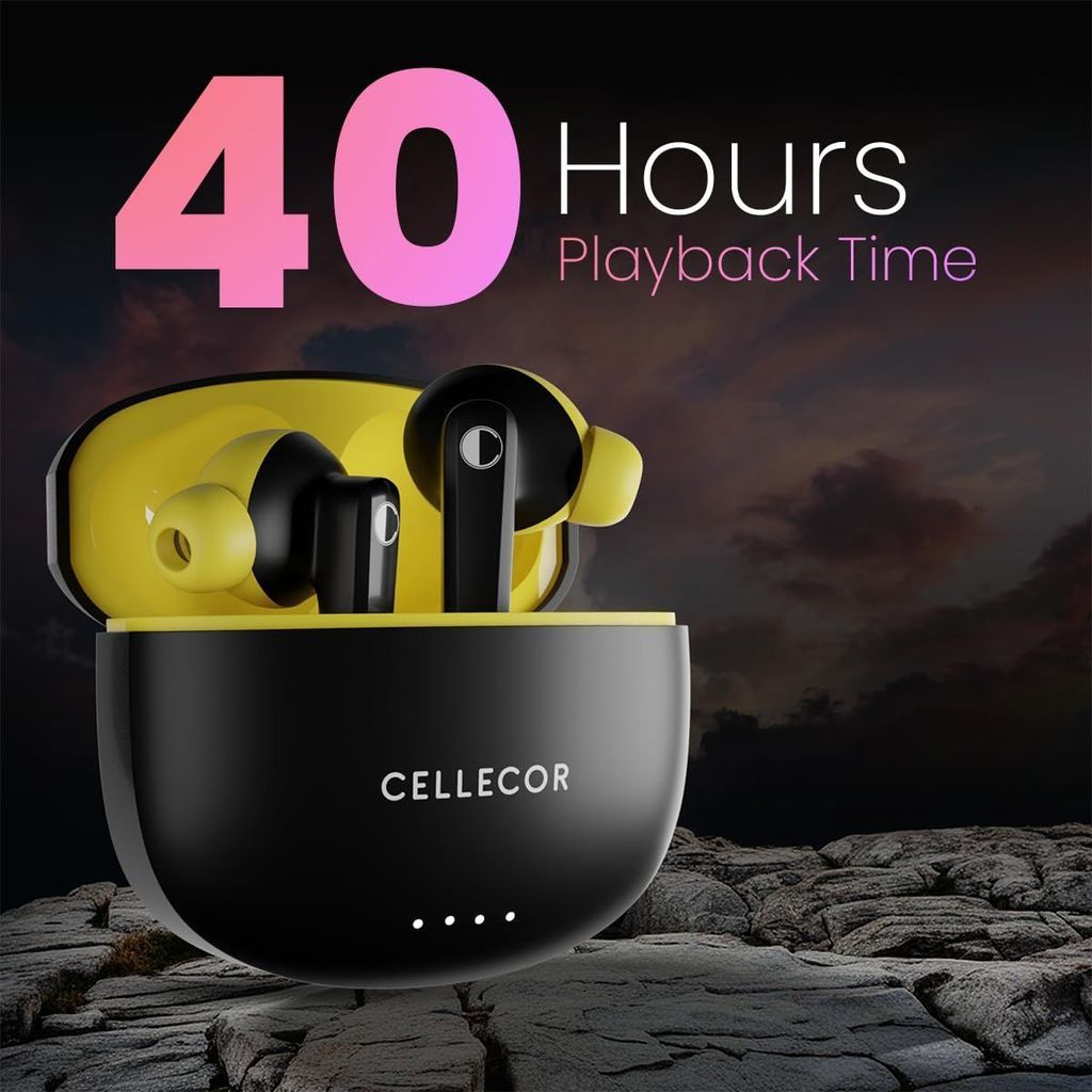 CELLECOR BroPods CB03-ACE TWS with 40 Hours Playtime, Automatic Pairing, HD Sound and 5.1V Bluetooth (Black-Yellow)