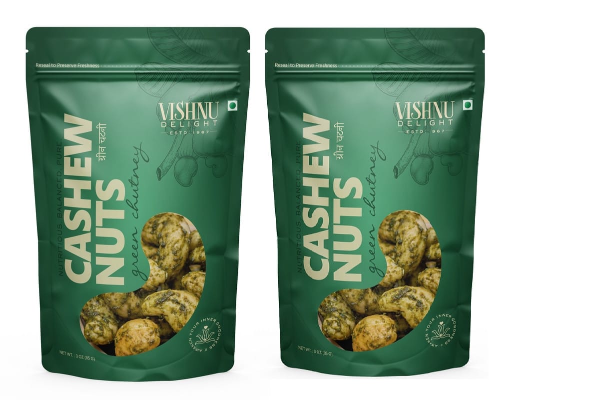 Vishnu Delight Premium Quality Green Chutney Flavored Cashews 85gm Pouch - Rich in Protein, Fiber, and Healthy Fats, Perfect for Healthy Snacking on-the-go Pack of 2