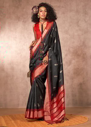 Pirate Black Woven Banarasi Silk Saree With Contrast Border