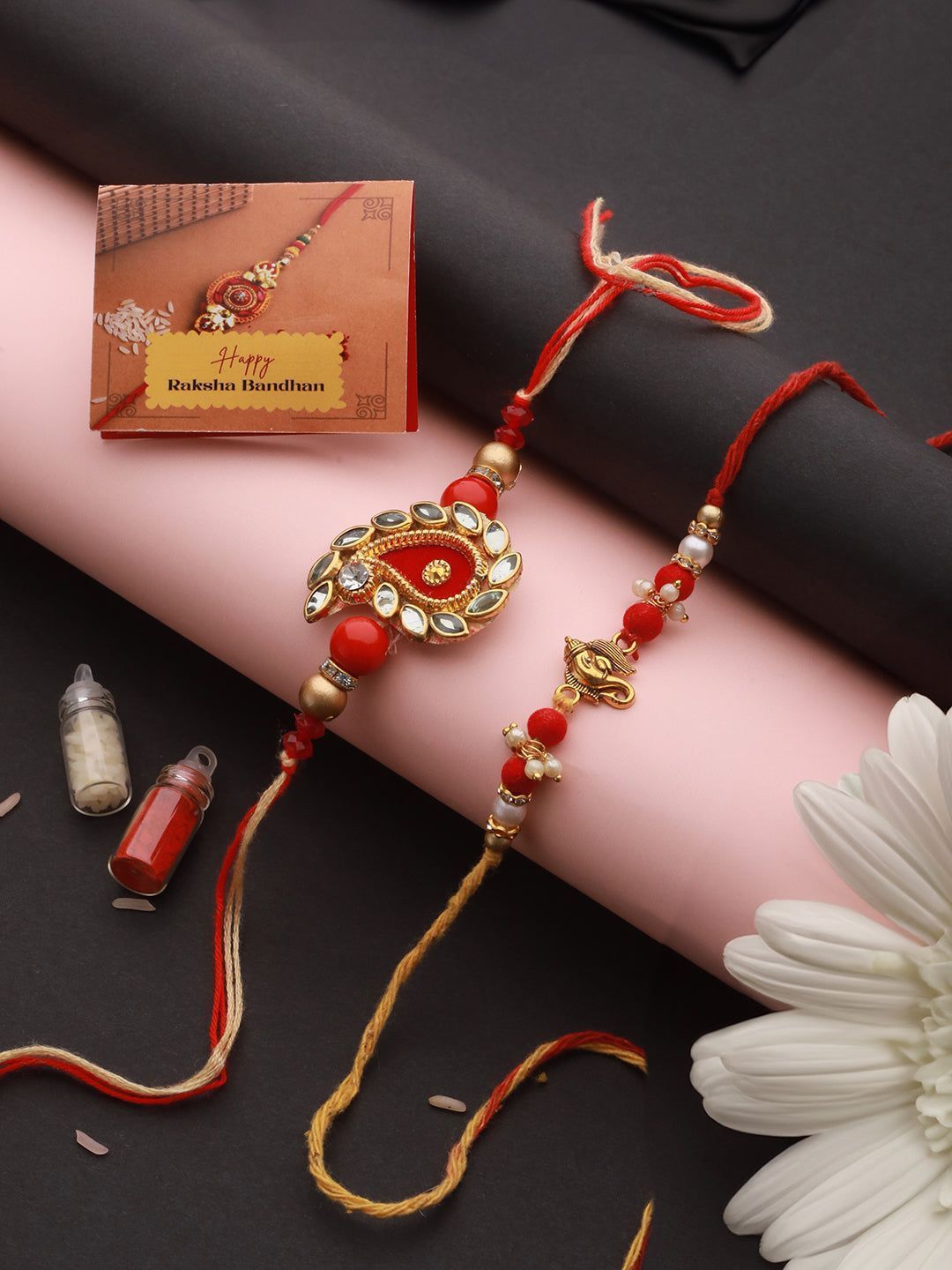 Set Of 2 Ganesha & Carry Ethnic Handcrafted Thread  Rakhi With Roli Chawal