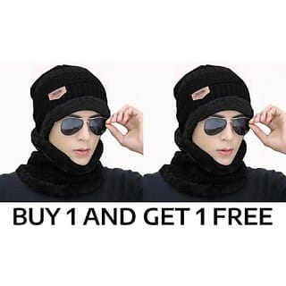 Fashlook Woolen Black Casual Winter Cap (Pack of 2)
