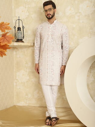 Men's Cotton Embroidered Printed White Kurta With white Pyjama-36