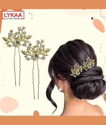 LYKAA Flower Hair Clips for Women Girls, Stylish Rhinestones Bun Hairpin Crystal Pearls Bun - 2 Pcs