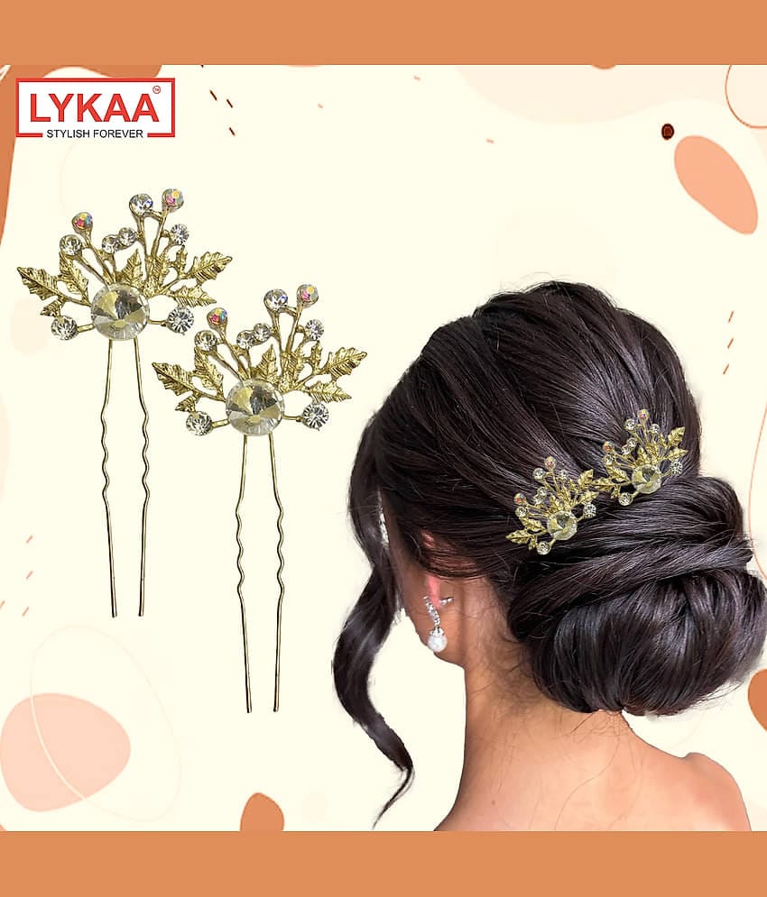 LYKAA Flower Hair Clips for Women Girls, Stylish Rhinestones Bun Hairpin Crystal Pearls Bun - 2 Pcs