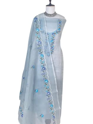 Kota Doria Dress Material Greyish Blue Floral Yoke
