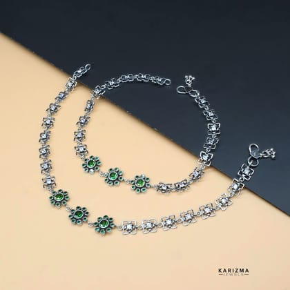 925 Sterling Silver Indian Women party wear Clear CZ Oxidised Anklets Pair 10.3"