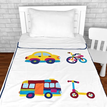 Charm White Embroidery 200 TC Cotton Dohar for Kids-Kids / Charm White / Wheels on Fun