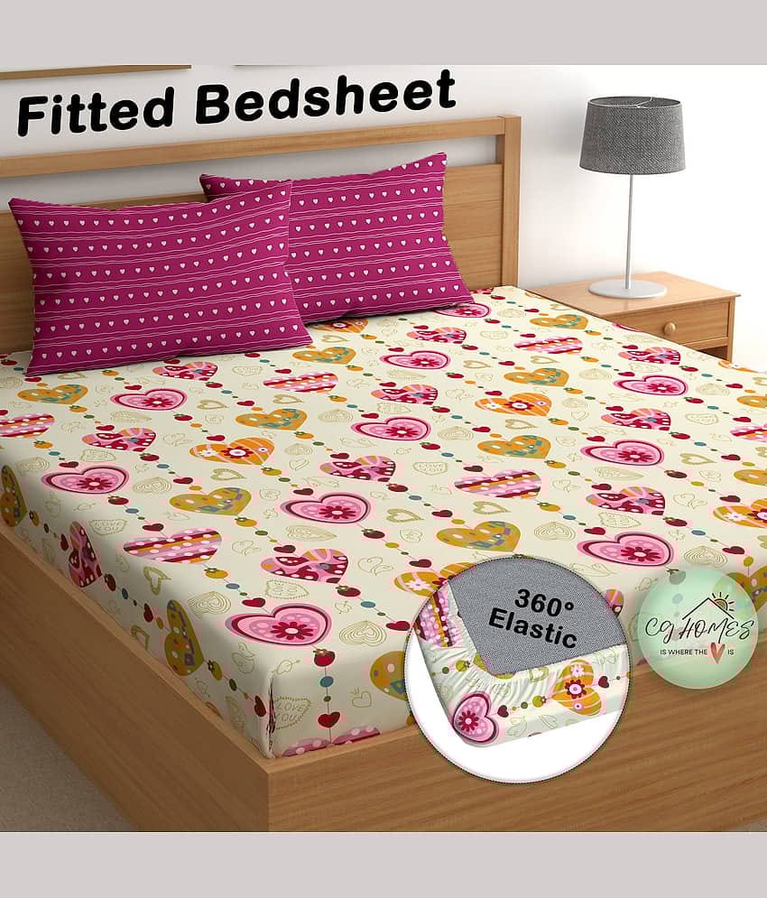 CG HOMES Cotton Abstract Fitted Fitted bedsheet with 2 Pillow Covers ( Double Bed ) - Pink