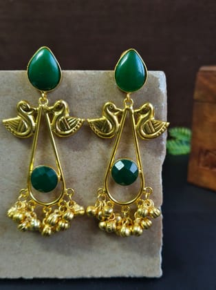 Gold-Plated Earrings with Monalisa Stone & Peacock Design | Sarichka-Green