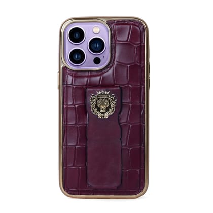 Purple iPhone Series Mobile Cover Golden Rim Finger strap cum Stand Croco Print Leather with Metal Lion Logo by Brune & Bareskin-14ProMax