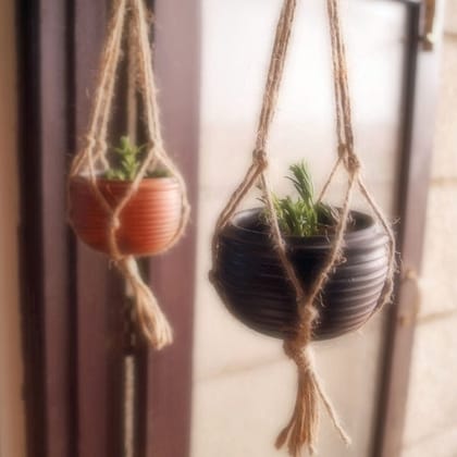 Reduction Fired Terracotta & Jute Hanging cum Desktop Planters Set of 2 Reduction Fired Terracotta & Jute Hanging cum Desktop Planters Set of 2