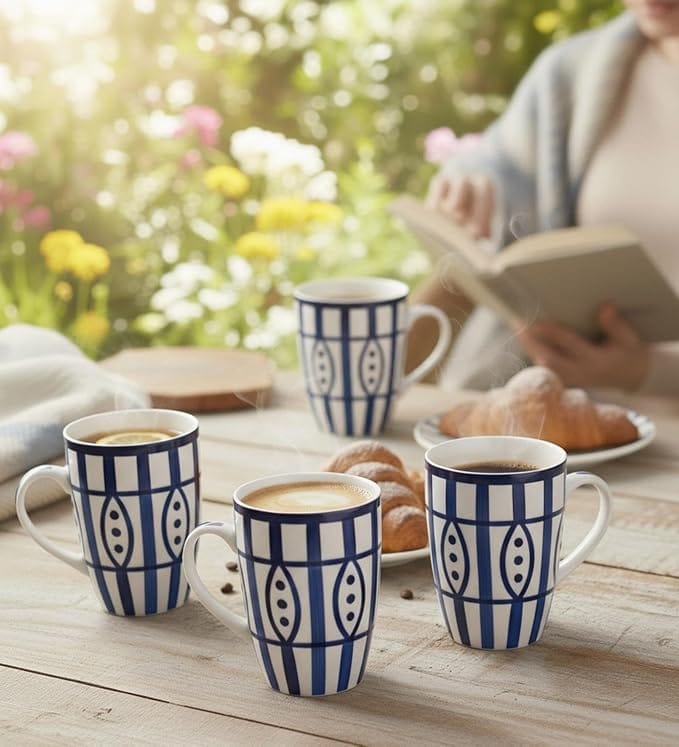 Table & Tale Premium Porcelain Mug | Blue & White Hand-Painted Design | Crafted in Sri Lanka | Vegan, Bone-Ash Free | Durable, Scratch-Resistant | Ideal for Coffee, Tea & Gifting | Set of 4