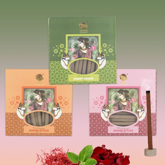 Nandi Panchgavya 100 Percent Cow Dung Dhoop Sticks for Pooja (Kesar, Tulsi, Rose Fragrance -Pack of 3,150 Sticks)