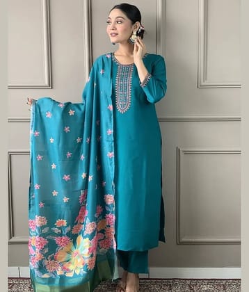 PURVAIYA CREATION Silk Blend Embroidered Kurti With Pants Women's Stitched Salwar Suit - Blue ( Pack of 1 )