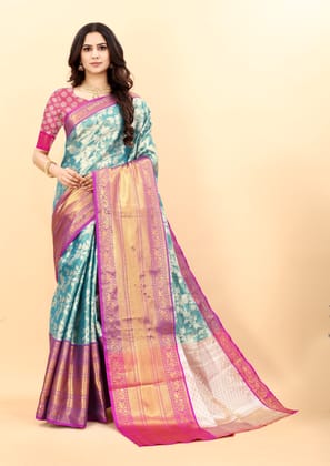 Yavira silk Women's Blue Handwoven Poly Silk Saree