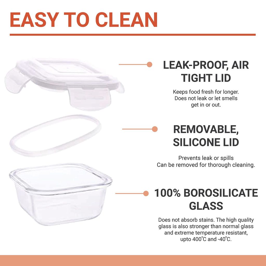 Femora Borosilicate Glass Microwave Safe Rectangle Container Multipurpose Lunch Box for Office, Blue, 400 ml (3 Container-Black)