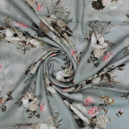 Grey Flower Digital Printed Kora Silk Fabric