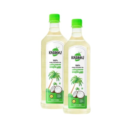 KARIKKU 100% Pure And Natural Coconut Oil |Double Filtered Coconut Oil|Healthy Cooking Oil for the Heart|Premium Edible For Cooking, Petbottle 1 Litre | Pack Of 2