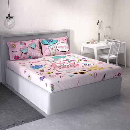 DDECOR - Little Brats Collection 100% Cotton Conversational Pattern 136TC King Bedsheet |254 CM X 274 CM| Pink