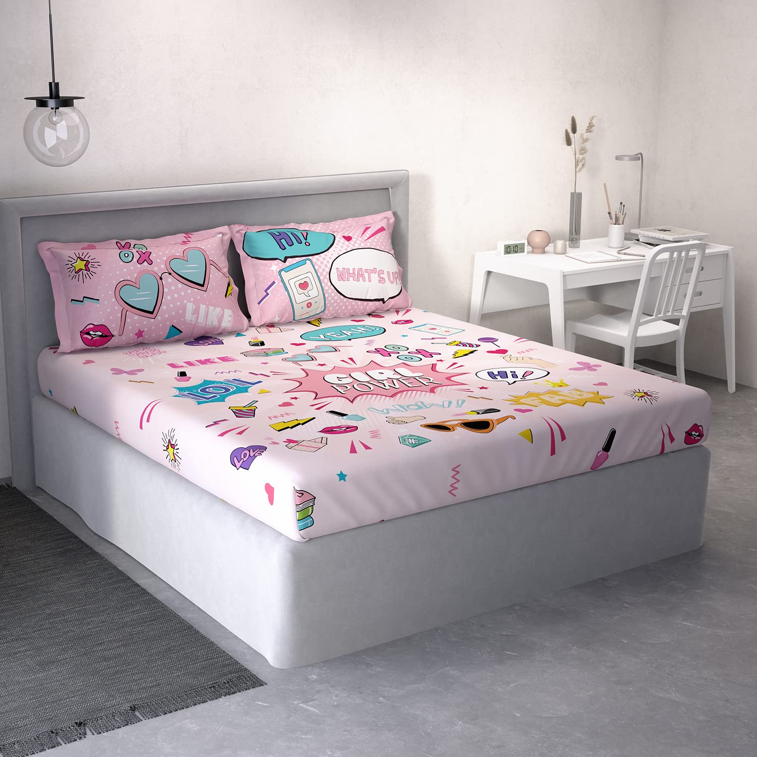 DDECOR - Little Brats Collection 100% Cotton Conversational Pattern 136TC King Bedsheet |254 CM X 274 CM| Pink