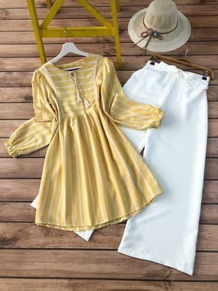 Light Yellow Line Designing Esthetic Kurti with Palazzo by GlamaStitch-M