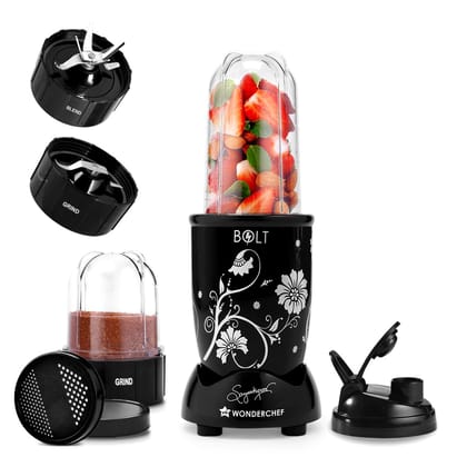 Wonderchef Nutri-blend BOLT Mixer, Grinder, Blender|Extra Powerful 600W 22000 RPM 100% Full Copper Motor|2 unbreakable jars with Sipper lid|2 Year warranty|Recipe book by Chef Sanjeev Kapoor|Black Wonderchef Nutri-blend BOLT Mixer, Grinder, Blender|Extra
