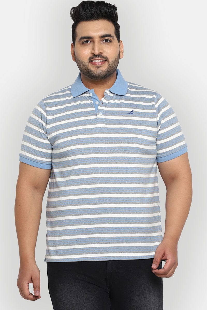 Striped Polo Half Sleeves T-Shirt For Plus Size Men - Bright White, Blue & Grey Melange-XXL / Bright White, Blue & Grey Melange
