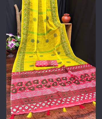 Kashvi Sarees Cotton Printed Kasavu Saree With Unstitched Blouse Piece ( Yellow )