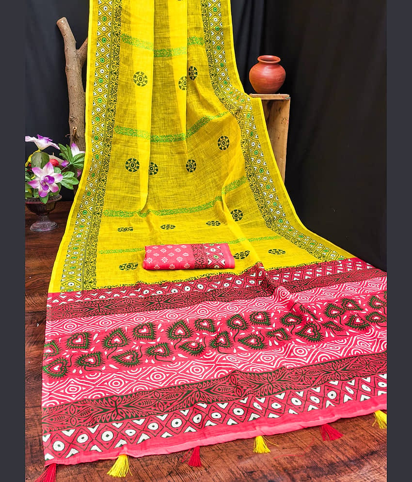 Kashvi Sarees Cotton Printed Kasavu Saree With Unstitched Blouse Piece ( Yellow )