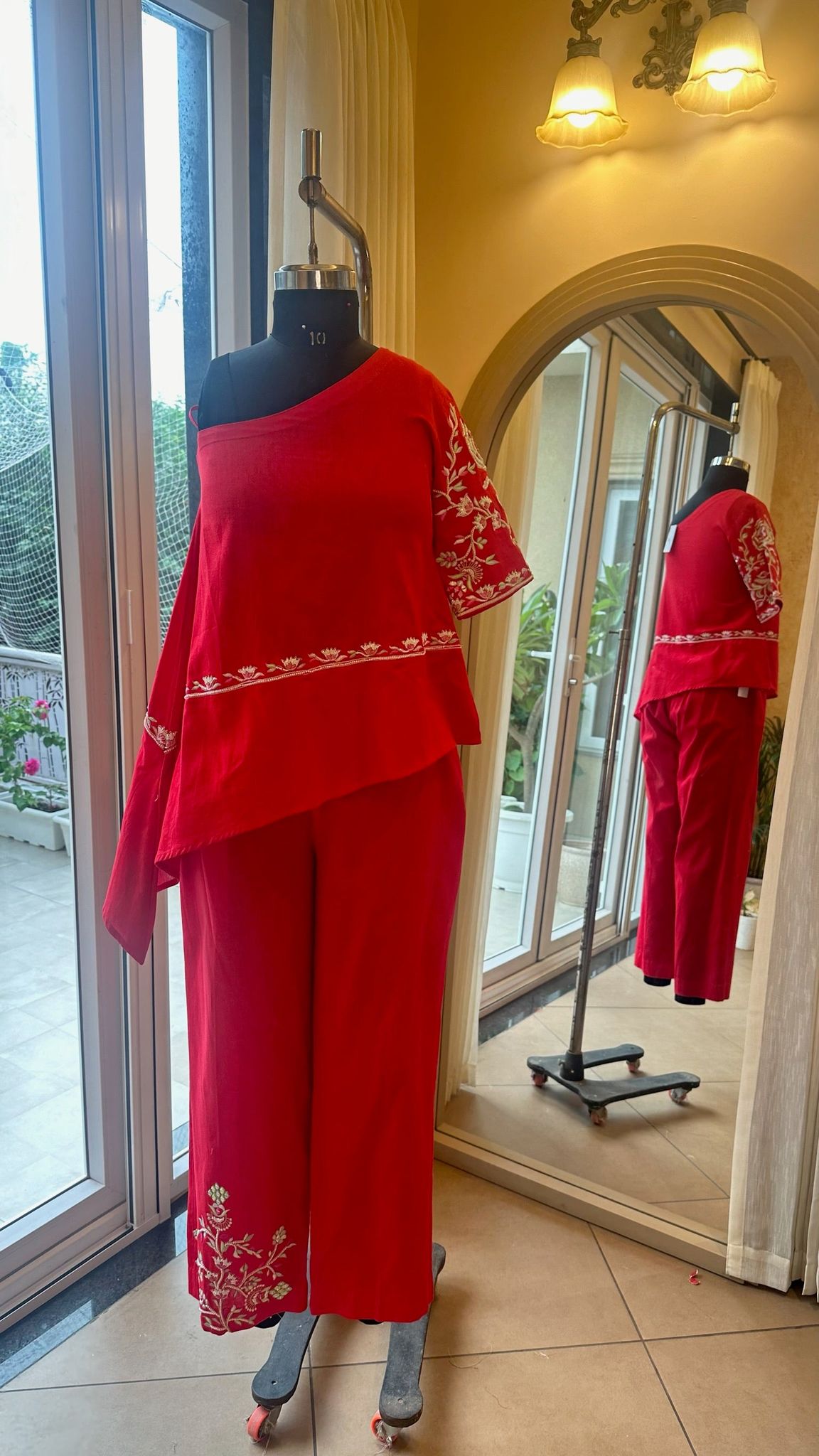 Red Cotton Linen one shoulder kurta set-XXS