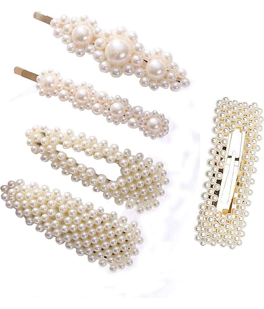 FOK 5 Pcs Pearl Stylish Hair Barrettes Design Hair Styling Clip Pin For Girls & Women