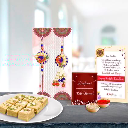 Bhaiya Bhabhi Designer Rakhi with Soan Papdi (500 Gm) and Roli Chawal Pack, Best Wishes Greeting Card