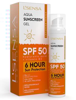 L'SENSA Sunscreen SPF 50 for Oily Skin, Anti-Tan, Waterproof Sun cream, 1% Hyaluronic Aqua Gel, Free from Oxybenzone, For Oily, Combination & Ace Prone Skin, Make-Up Friendly For Women & Men, 50Gram L'SENSA Sunscreen SPF 50 for Oily Skin, Anti-Tan, Water