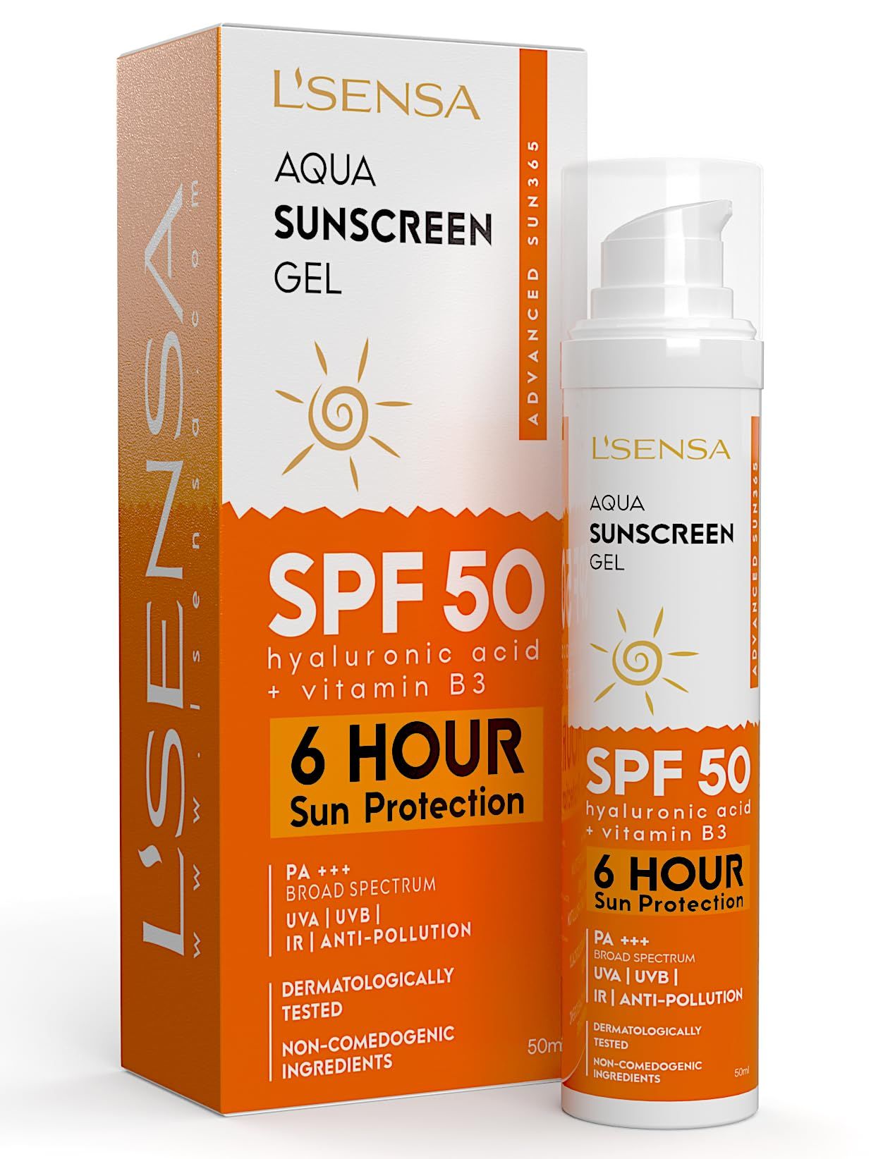 L'SENSA Sunscreen SPF 50 for Oily Skin, Anti-Tan, Waterproof Sun cream, 1% Hyaluronic Aqua Gel, Free from Oxybenzone, For Oily, Combination & Ace Prone Skin, Make-Up Friendly For Women & Men, 50Gram L'SENSA Sunscreen SPF 50 for Oily Skin, Anti-Tan, Water