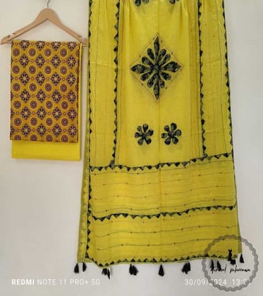 Pure Cotton Ajrakh Dress Material with Applique Design Dupatta in Beautiful Colors