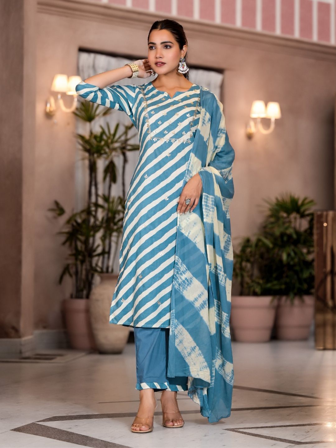 Sky Blue Striped Muslin Dupatta Set-L