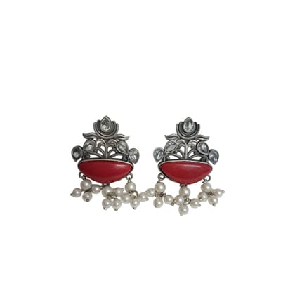 Anvaya Collections Vintage Style Red Stone Earrings with Pearl Drops, Crystal Accents, Antique Silver Finish