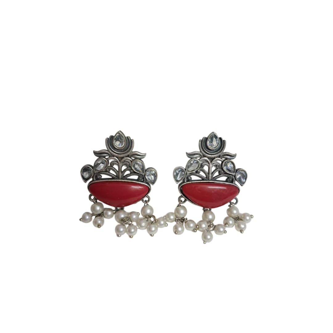 Anvaya Collections Vintage Style Red Stone Earrings with Pearl Drops, Crystal Accents, Antique Silver Finish