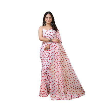 Women's Georgette Printed Saree With Unstitched Blouse 5.5Mtr (White-Red)-PID63030