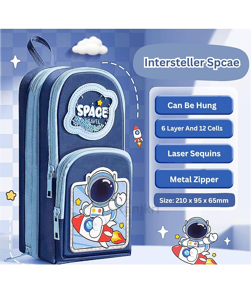 Villy Space 6 Layer with 3 Compartment Premium Canvas Pencil Pouch for School Girls and Boys