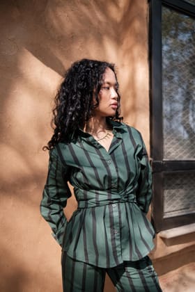 Nara Front knot Shirt Green Stripes-XS